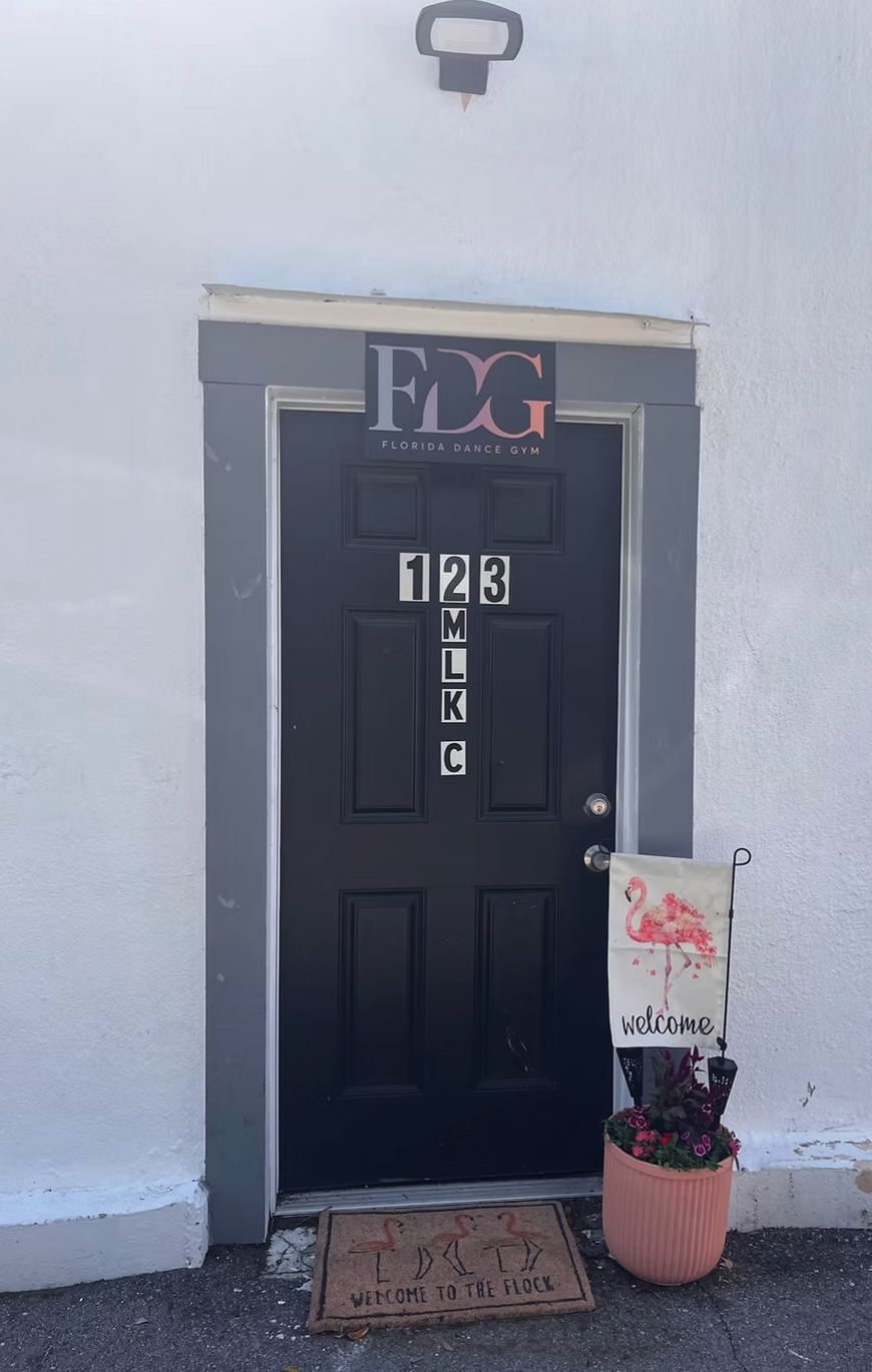 Florida Dance Gym front door, welcome to the flock